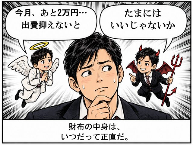 2コマ目：肩の上の天使が「今月、あと2万円…出費抑えないと」、悪魔が「たまにはいいじゃないか」とささやく。財布の中身は、いつだって正直だ。