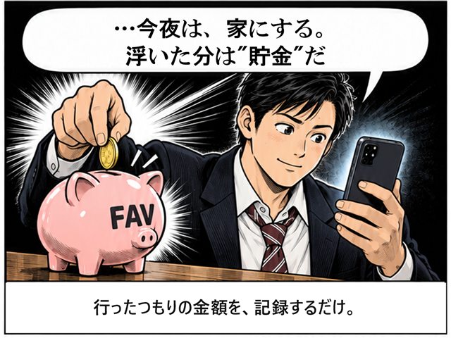 3コマ目：「…今夜は、家にする。浮いた分は“貯金”だ」と貯金箱にコインを入れる。行ったつもりの金額を記録するだけ。これが風俗貯金。