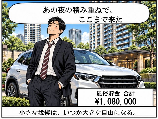 4コマ目：数年後、貯まった108万円で車の前に立つ男性。小さな我慢は、いつか大きな自由になる。