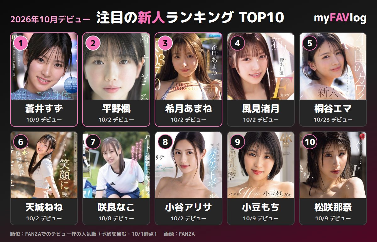 2026年10月デビュー 注目の新人ランキング：小田倉れいか、奏たまき、平野楓、桐谷エマ、蒼井すず、希月あまね、小豆もち、風見渚月、大原伶菜、相河めいな